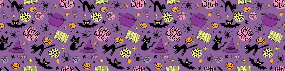 Halloween seamless pattern with good little witch symbols - cats, magic book, witch hat, pentagram and cauldron. Power girls theme. Cute holiday kids decor