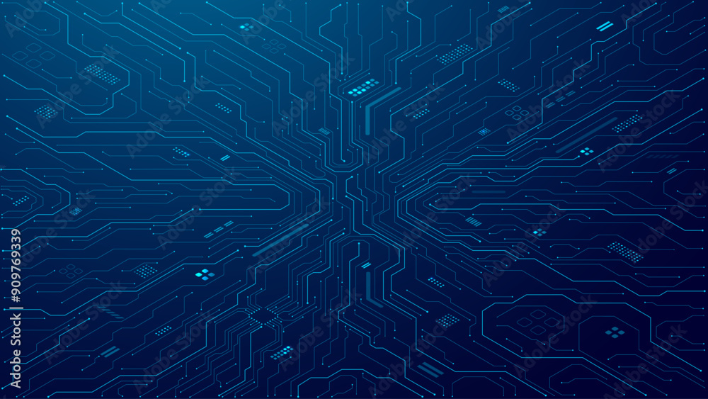 Poster Abstract technology circuit board on blue background. Digital isometric tech bg. Computer circuit motherboard. Data and electronics concept. Vector illustration. Futuristic processor background.