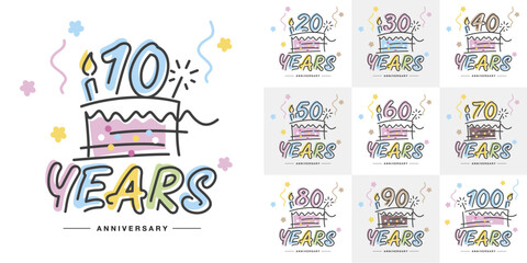 Set of Anniversary decades vector creative design. Handwritten colorful numbers with cake, candle, sparkler and confetti for celebration birthday, event, invitation, greeting, template, leaflet