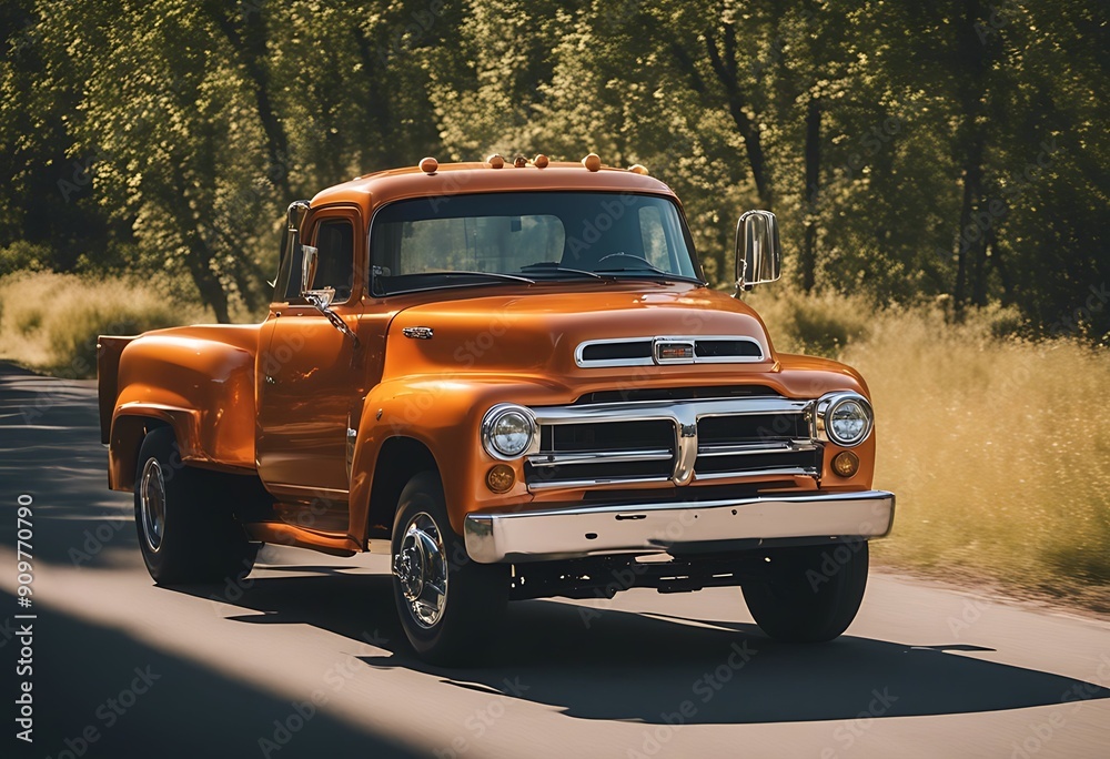 Wall mural american big truck orange way speed asphalt business cargo day delivery drive driver fast freight heavy highway industry logistic long motion expressway moving road semi traffic