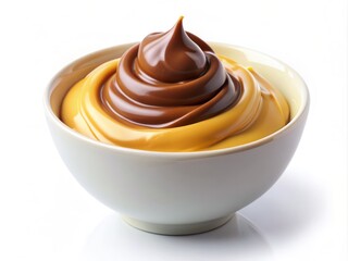 Rich and creamy yellow melted chocolate poured into a pristine white bowl, perfectly isolated on a crisp white background, inviting indulgence and sweetness.
