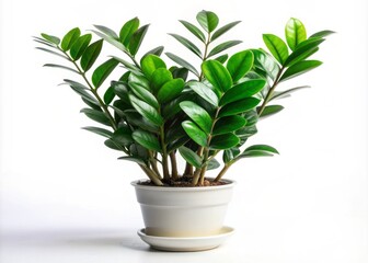 Fototapeta premium A solitary Zamioculcas plant with glossy green leaves sits isolated on a pure white background, its sturdy stems and waxy foliage popping with vibrant, healthy tones.