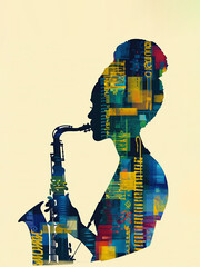 Young woman playing saxophone jazz on light yellow background. Abstract vector vertical illustration for print. Silhouette, poster collage, banner with copy space, jazz concert poster