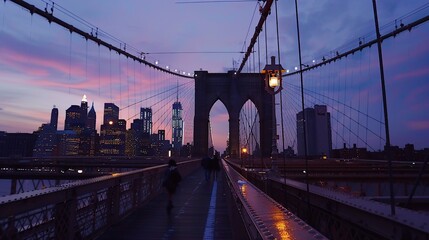 Naklejka premium Brooklyn Bridge at Dusk with Manhattan Skyline in the Background