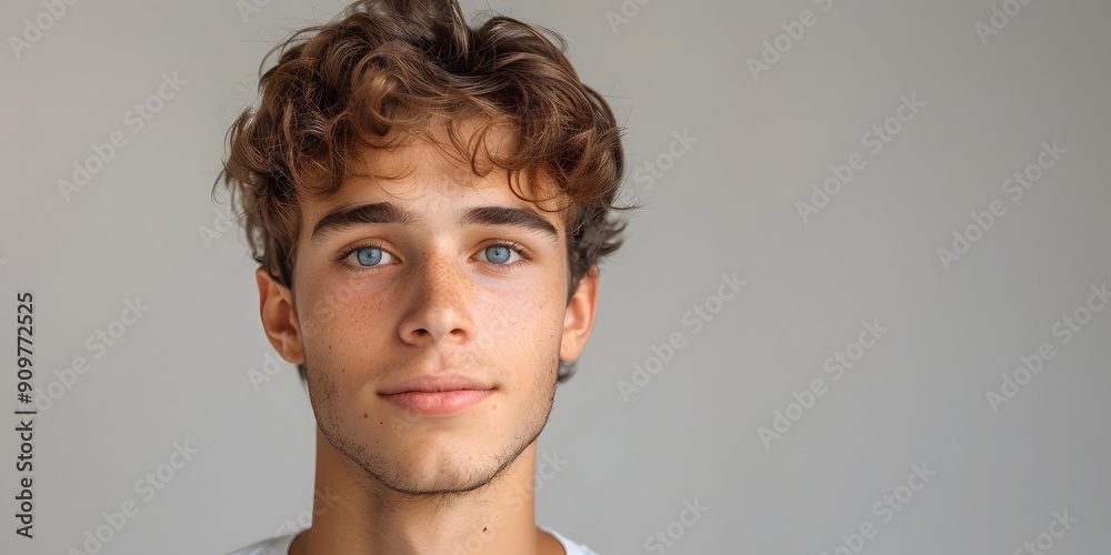 Wall mural Portrait of a young man with curly hair and blue eyes