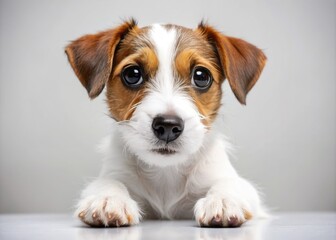 Adorable little Jack Russell Terrier puppy waits with wiggly excitement to shake paws, showcasing its fluffy coat, big brown eyes, and sweet gentle nature.