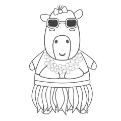 cute hand drawn black and white cartoon character hawaiian capybara with sunglasses funny summer vector illustration isolated on white background for coloring art