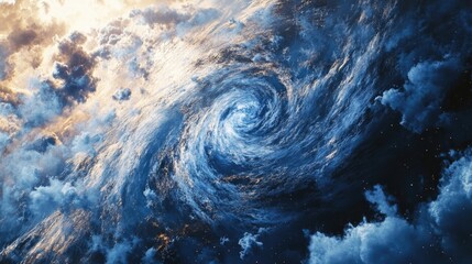 A spiral shape forms in the sky, with clouds and sunlight interacting