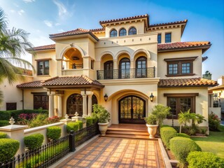 Naklejka premium Majestic newly-built Spanish-style villa with a balcony in a prestigious housing society, showcasing a blend of modernity and cultural heritage, Karachi, Pakistan.