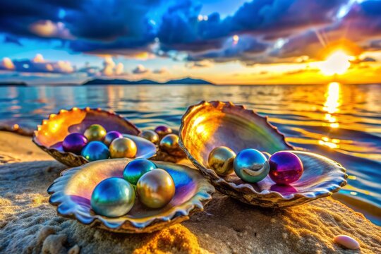 Vibrant pearl oysters in Pariaman city, Indonesia, glisten in the November sunlight, showcasing their iridescent shells and prized gems in a tranquil coastal setting.