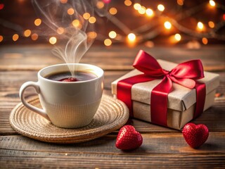 Fototapeta premium Cozy Valentine's Day setup featuring steaming cup of coffee, elegantly wrapped gift box, chocolate hearts, sparkling wedding ring, and heartfelt greeting card, ideal for romantic celebrations.