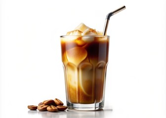 Frothy cold brew coffee latte poured over ice in a tall glass with a straw, isolated against a clean white background, refreshing summer treat.