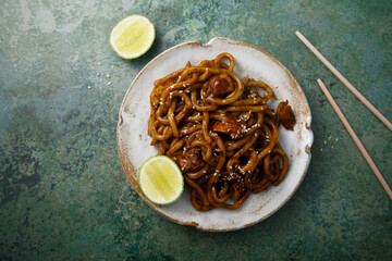 Homemade udon noodles with chicken