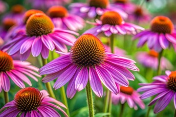 Obraz premium Drooping petals of a vibrant purple Echinacea purpurea, also known as coneflower, bloom in a lush garden, showcasing its delicate beauty and natural charm.