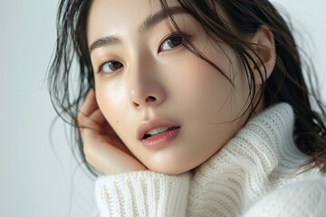 Naklejka premium A beautiful Asian female model with long hair touching her face, posing on a white background.. She is wearing a white turtleneck sweater