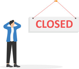 a man in a business suit is standing near a large white sign that says closed, a store or website is not working

