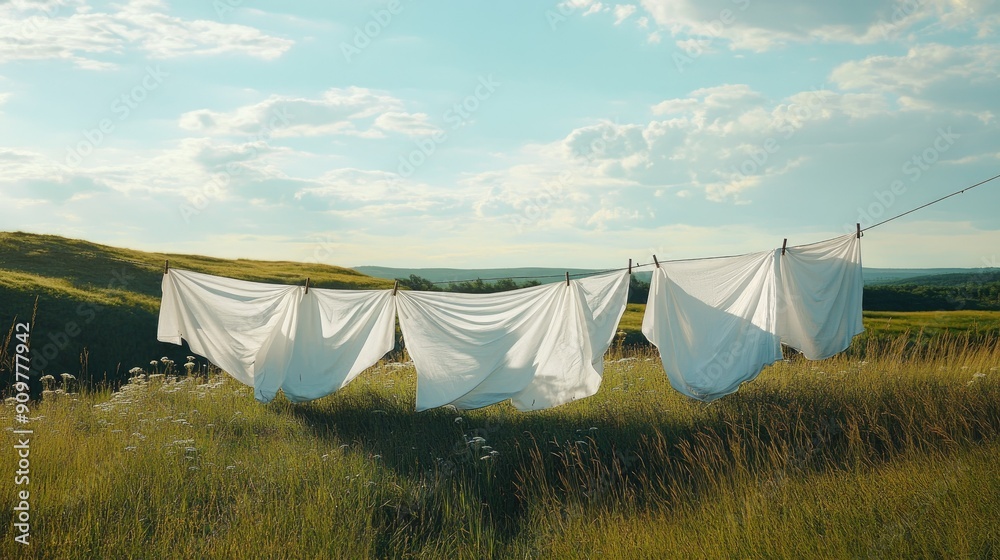 Wall mural Clean bedsheets and pillowcases fluttering on a clothesline in the countryside, with plenty of room for text or branding.