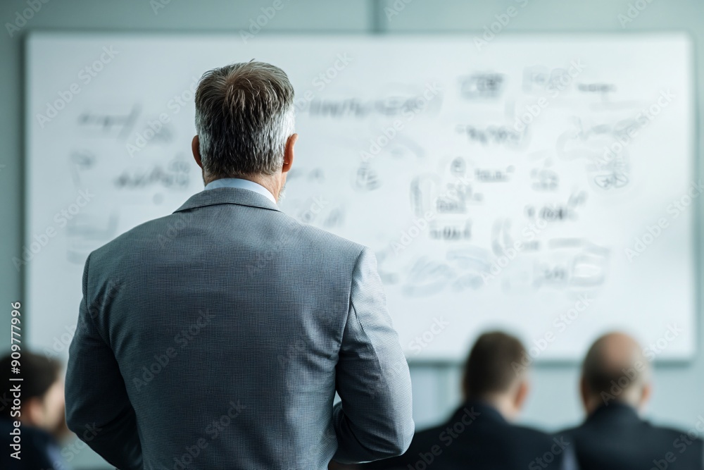 Poster a financial advisor using a whiteboard to explain complex financial concepts to a group of clients, 