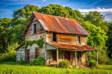 Abandoned small town country home with worn tin roof and overgrown yard stands as a nostalgic relic of a bygone era in rural America.