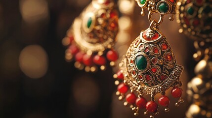 Fototapeta premium Close-up of intricate Indian earrings, with ample copy space on the left for text or branding.
