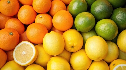 Fresh oranges, lemons, and limes beautifully displayed in a market setting, with lots of space for text.
