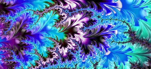 Fractal art vibrant floral pattern or feathers. Banner background.