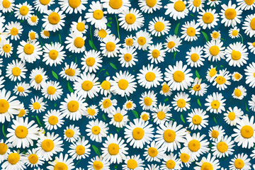 Creative pattern made of camomile flowers on colorful background. Floral layout for seasonal cards, blogs, posters and web design. Summer concept.Top view. Flat lay. Minimal style. Copy space