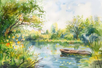 Obraz premium Calm water mirrors blue sky, green trees, and distant clouds as a small boat glides through serene lakeside landscape