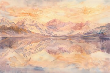 Naklejka premium Serene Sunset Majesty: A breathtaking watercolor panorama of majestic mountains, their snow-capped peaks mirroring in the tranquil waters of a pristine lake, bathed in the warm hues of a golden sunset