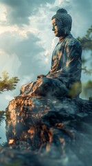 Meditating Buddha in peaceful nature scene.