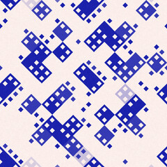 Faded electric blue glitch geo washed effect seamless pattern. Indigo dye grungy blotched distress abstract background texture repeat. 