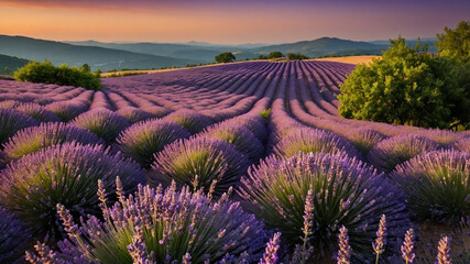 Fototapeta premium Lavender fields under a vibrant sunset sky with fluffy clouds, creating a stunning landscape view.