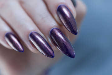 Beautiful woman's hand with long nails and multicolored nail polish, blue and brown 