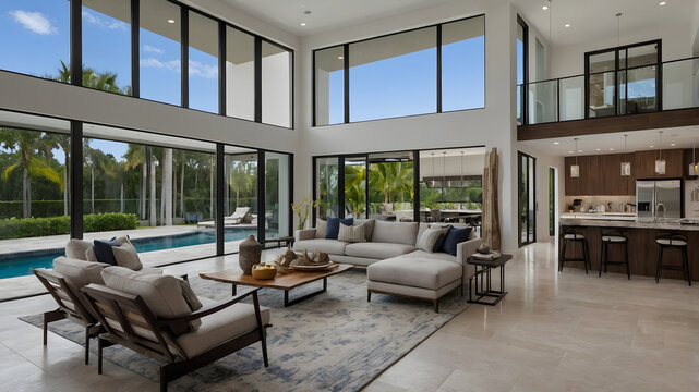  Elegant Living Room in fount of glass wall   with white Clad Walls and Sofa