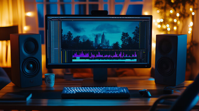 Video editing software or program opened on a wide pc computer monitor screen display placed along the keyboard and speakers on a wooden table or desk in a home room or office interior, evening time