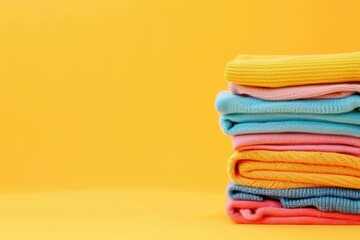 Colorful stacked sweaters on a bright yellow background with copy space