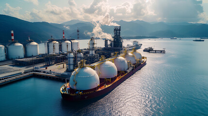 Liquified natural gas tanker with five huge storage tanks anchored in small gas terminal island. Aerial drone photo. Advanced liquefied gas carrier.