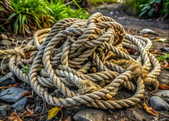 Fototapeta premium Abandoned rope lump, gnarled and weathered, lies forsaken on the ground, a testament to reckless dumping and neglect, conveying a sense of environmental disregard.