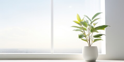 Fototapeta premium White Pot on Window Sill Background, Sun Morning Mockup, House Windows Banner with Copy Space