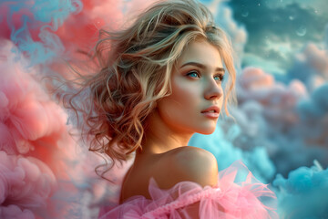 A woman with blonde hair and blue eyes stands in front of a cloud of pink, blue, and purple smoke - Powered by Adobe