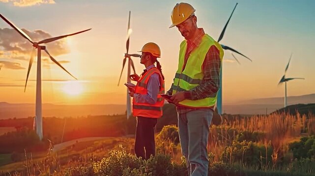 Working group survey of engineers at a windmill for clean power generator servicing and maintenance outside.