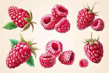 Illustration set of ripe raspberries, beige background, varied arrangements and shapes