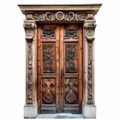 Fototapeta premium Old door isolated, antique gates, wood enter, vintage wooden doors, closed gateway, elegant entrance
