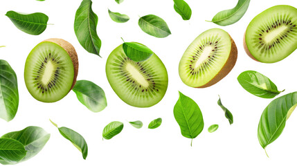 Fototapeta premium kiwi fruit with half slices and green leaves isolated on transparent white background, clipping path