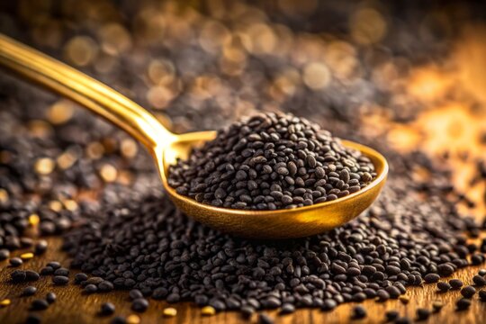A intricately textured golden spoon holds a small mound of black cumin seeds, their tiny ridges and curves illuminated against a soft, blurred background.