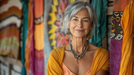 Naklejka premium Charming middle-aged model with a contemporary haircut, dressed in vibrant clothing, posing joyfully in a colorful setting