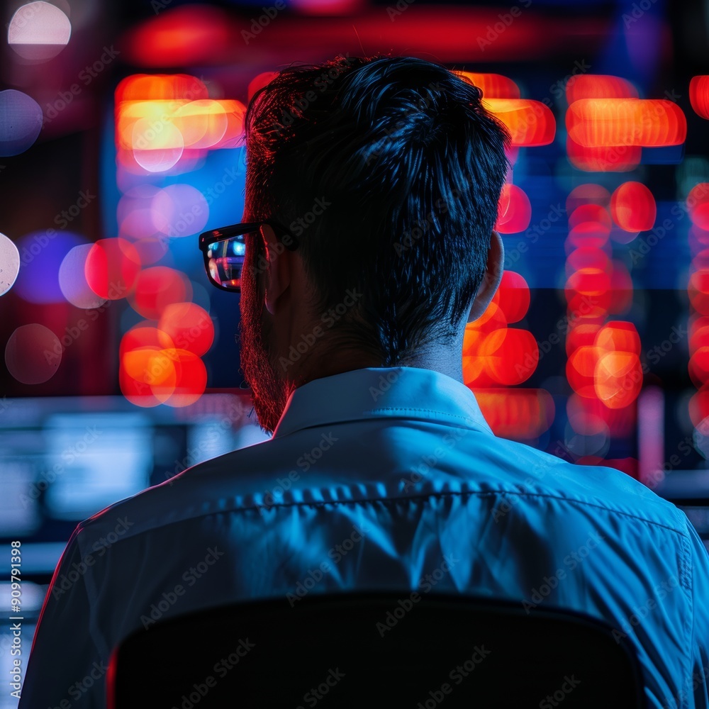 Poster back view of a man analyzing data on multiple computer screens