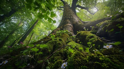 Fototapeta premium Enchanted Forest Canopy: A Mystical View from Below