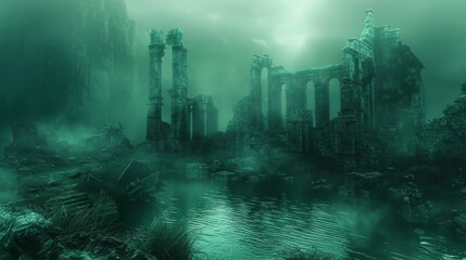 Mystical Ancient Ruins in a Foggy Landscape