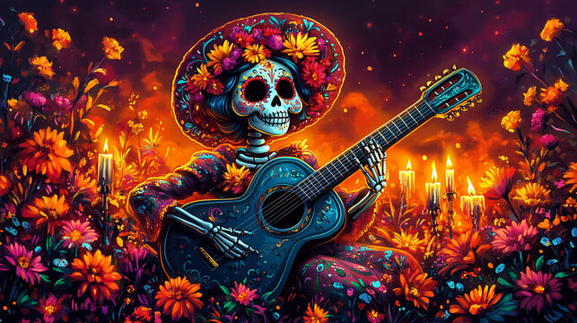 dia de los muertos day of the dead carnival party background, Cinco de Mayo skeleton, skull, catrina spoky and scary backdrop